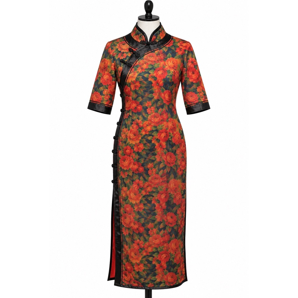 Floral Cheongsam Qipao Dress Asian Vintage Rose Print Silk Maxi Mandarin Collar